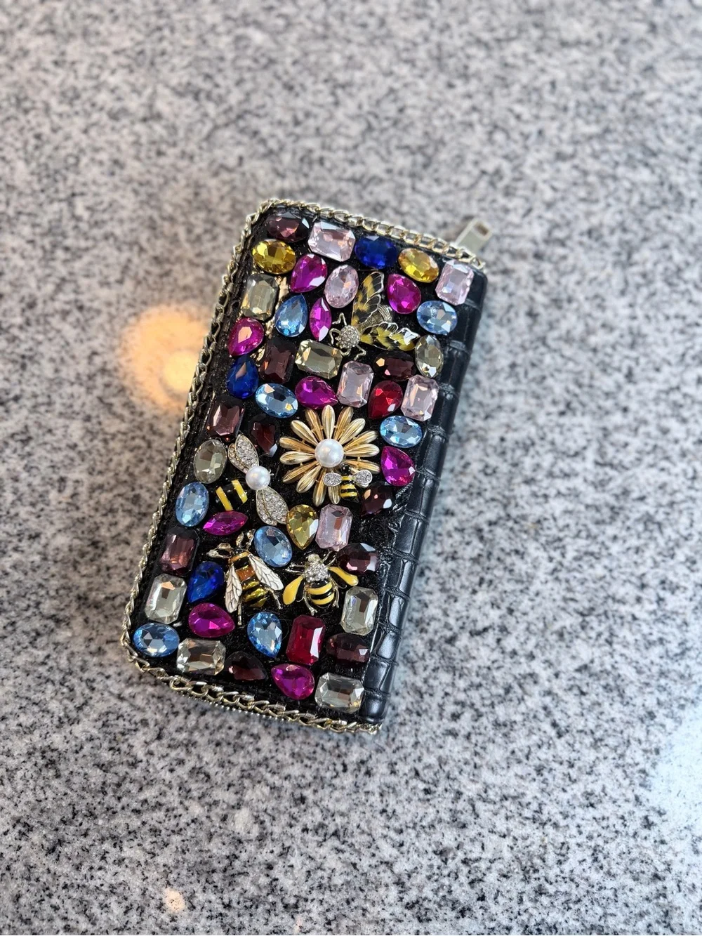 Embellished Black Jeweled Wallet - Multicolor Crystal Accents